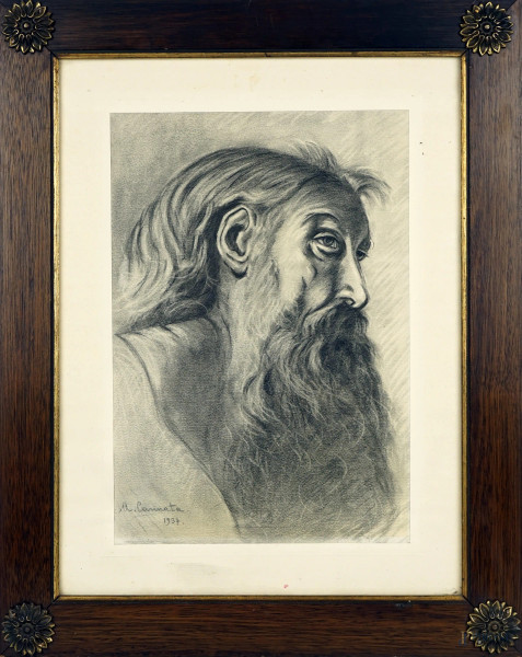 Antonio  Cannata - Ritratto d'uomo con barba, matita su carta, cm 34x23, entro cornice.