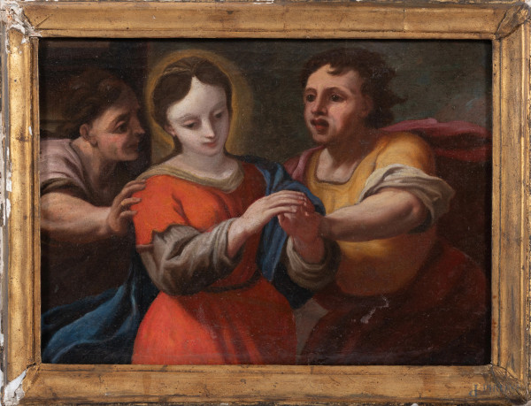 Susanna e i Vecchioni, XIX secolo, olio su tela, cm 45,5x63, entro cornice (segni di usura, abrasioni, cadute di colore, difetti)