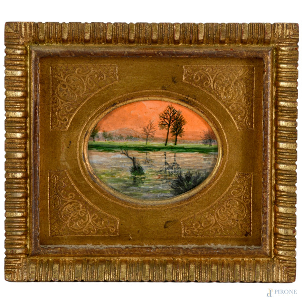 Al tramonto, XX secolo, olio su tavoletta ovale, cm 7x9, entro cornice