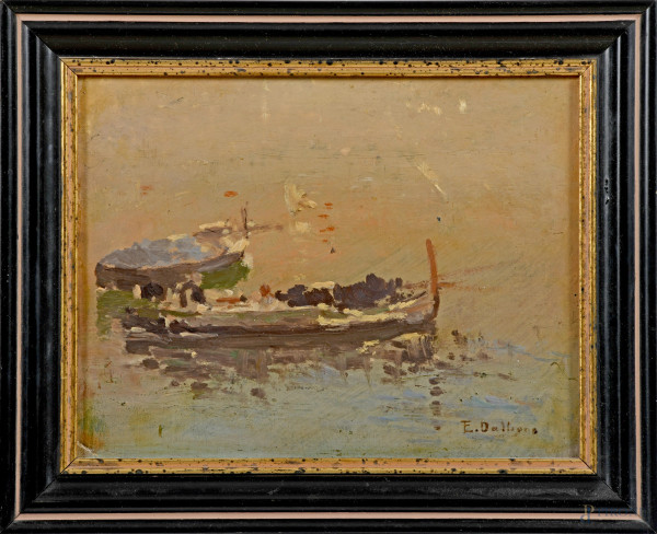 Barche, XX secolo, olio su compensato, cm 18,5x23,5, firmato in basso a sinistra, entro cornice, (segni di usura, abrasioni, difetti)