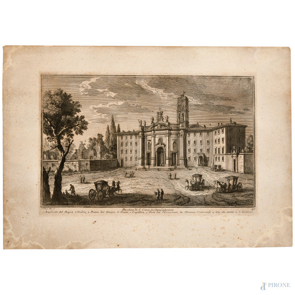 Giuseppe Vasi  (1710 – 1782) Acquaforte raffigurante la Basilica di San Croce in Gerusalemme, foglio cm 30x43, (segni di usura, strappi, foxing, restauri)