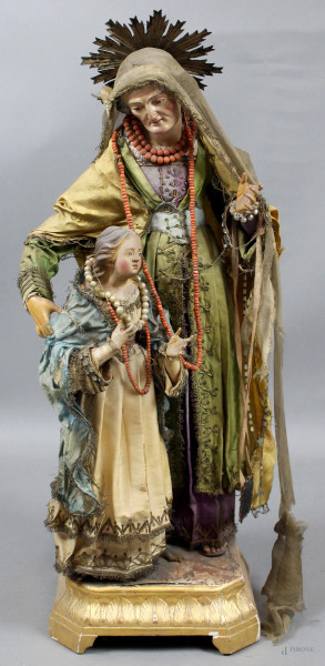 Sant&#39;Anna con la Madonna, scultura in terracotta dipinta in policromia, vesti in tessuto ricamato, altezza cm. 69, Napoli, XIX secolo, (difetti).
