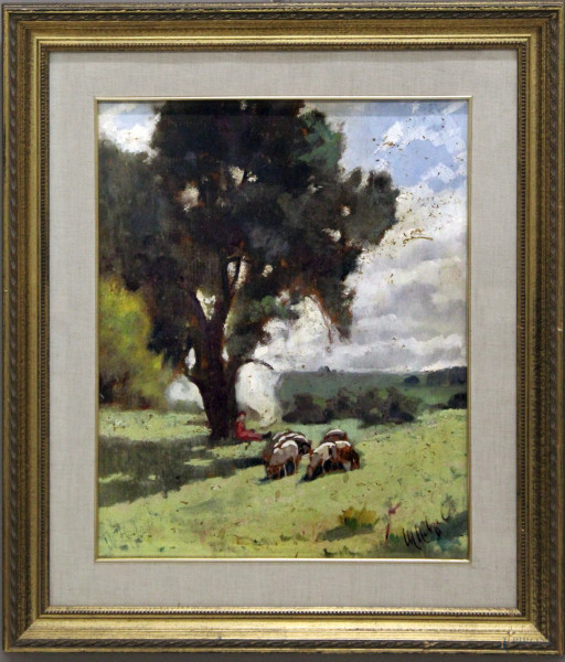 Paesaggio con pastore e gregge, olio su tavola, 40x50 cm, entro cornice firmato