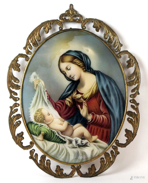 Madonna col Bambino, multiplo su carta, cm 30x23, XX secolo, entro cornice in metallo dorato, (macchie)