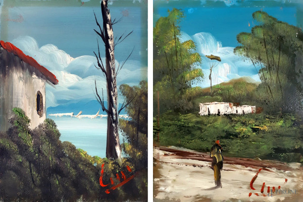Coppia di dipinti a olio su faesite raffigurante paesaggi campestri, cm 30x40, firmati
