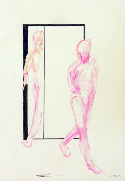 Cristiano Quagliozzi, Due figure, tecnica mista su carta, cm 25x35, firmato e datato in basso e al retro