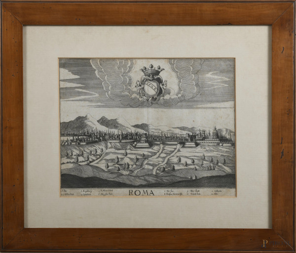Stampa raffigurante Roma, XIX-XX secolo, cm 40,5x49,5 compreso passepartout, entro cornice, (segni di usura, piegatura, foxing, gore, tracce di umidità)
