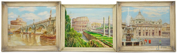 Vedute di Roma, lotto di tre dipinti ad olio su cartone telato, misure max cm 40x50, firmati, entro cornici