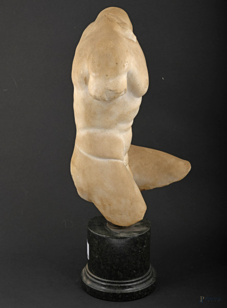 Scultura di torso maschile scolpito in stile classico in marmo zuccherino, XX secolo, cm 51,5x25x...