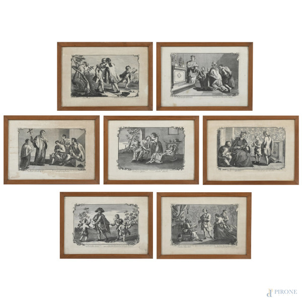 Lotto di sette incisioni raffiguranti le Sette Opere di Misericordia, XIX-XX secolo, cm 25x37, entro cornice, (foxing, gore, tracce di umidità, segni di piegatura)