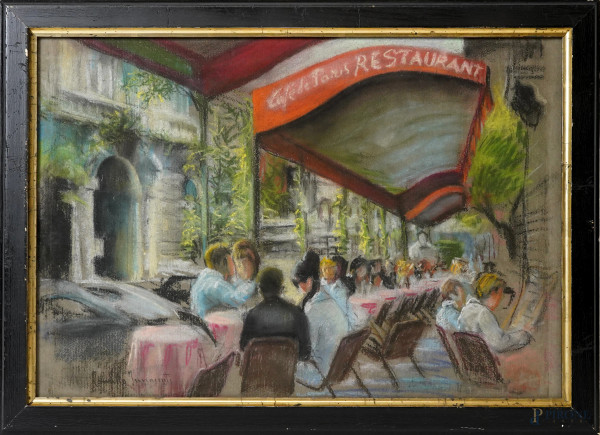 Café de Paris Restaurant, pastelli su carta, firmato in basso a sinistra, cm 33.5x48.5, entro cornice