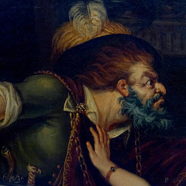 Delitto incompiuto, sec.XIX, olio su tela, cm 90x72,5, retro: iscritto "Lacroix". Entro cornice. ...