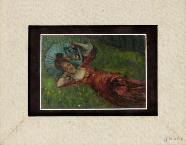 Dama con ventaglio, olio su tela riportata su cartone, cm. 15x22, firmato Tofano.