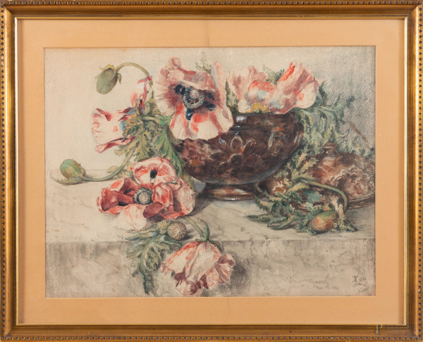 Natura morta di fiori, XX secolo, acquerello su carta, cm 50,5x63,5 compreso passepartout, iscritto in basso a destra e datato 