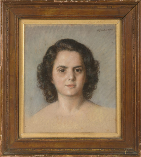 Ritratto di ragazza, XX secolo, pastelli su cartone, cm  38x32, firmato in alto a destra, entro cornice( foxing, gore, ondulazioni del supporto)