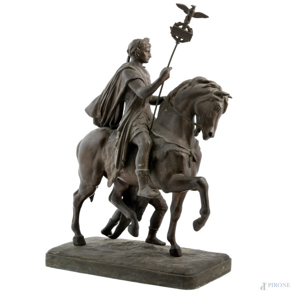 Ottaviano a cavallo, XX secolo, scultura in antimonio, cm 61x21x43, (rotture, difetti, restauri)