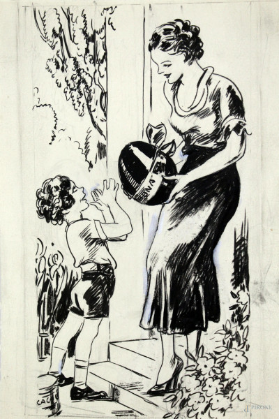 Luigi  Bompard - Scena familiare, china su carta, cm 25x17