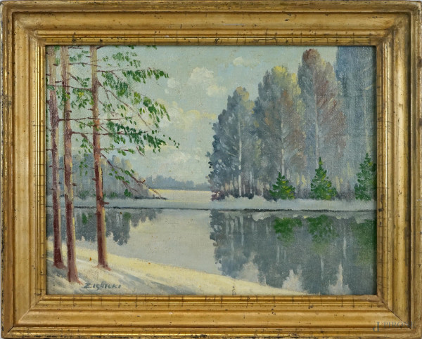 Artista polacco del XX secolo, Paesaggio innevato, olio su tela, cm 30x40, firmato Ziebicki, entro cornice.