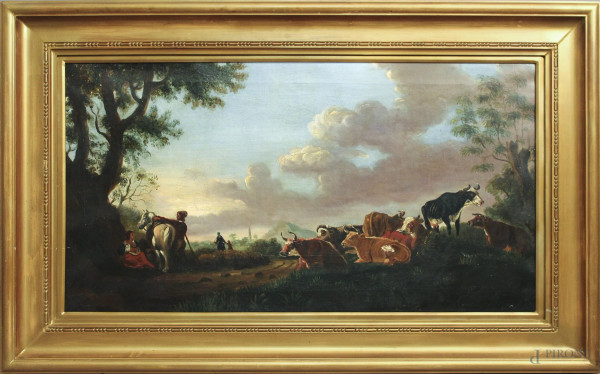 Paesaggio con figure ed armenti, dipinto ad olio su tela, Francia, XIX sec., cm 44 x 83, entro cornice.