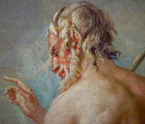 Satiro con una ninfa, olio su tela in assetto circolare, XVIII secolo, diametro cm 63, entro corn...