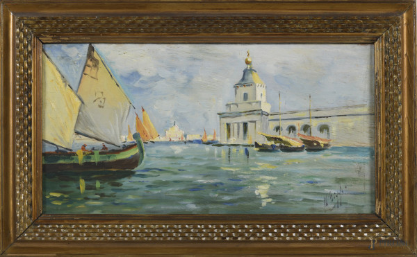 Scorcio di Venezia, XX secolo, olio su tavoletta, cm 19x36, firmato in basso a destra, entro cornice