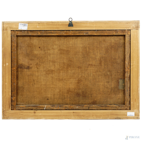 Scuola italiana del XVII secolo, Paesaggio lacustre con viandanti, olio su tela, cm 63,5x94,3, en...