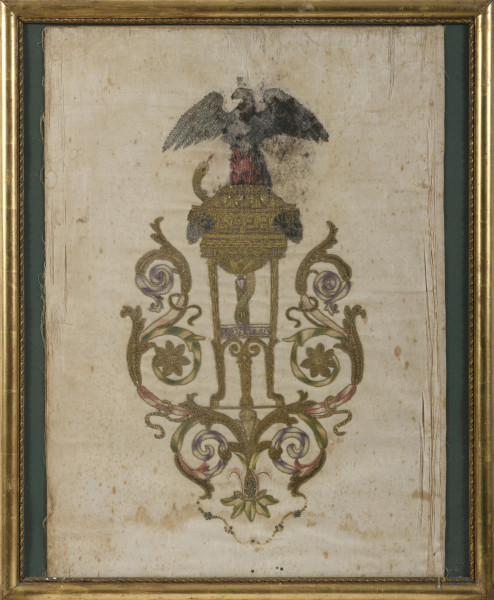 Elemento araldico, XIX-XX secolo, ricamo su tessuto, cm 73x51, entro cornice, (segni di usura, difetti, tracce di umidità)