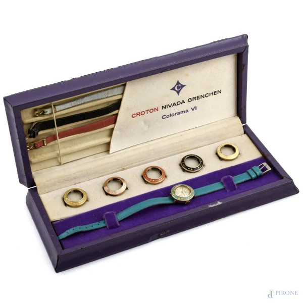 Orologio da polso Croton Nivada Grenchen Colorama VI con casse intercambiabili in metallo dorato, lunghezza cm 19; cassa cm 2x2, (segni di usura, difetti)
