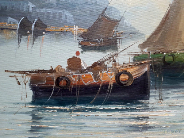 Scorcio marino con barche di pescatori, fine anni 60, olio su tela, cm 50x70, firmato