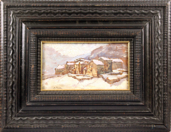 Scorcio di paese innevato, olio su tavola, cm. 14x23, firmato A. Pavan, entro cornice.