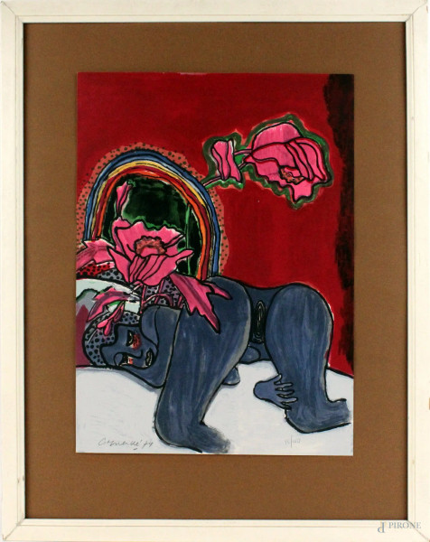 Corneille - Senza titolo, litografia a colori, cm. 41,5x30, firmata e datata 1974, esemplare 96/100, entro cornice.
