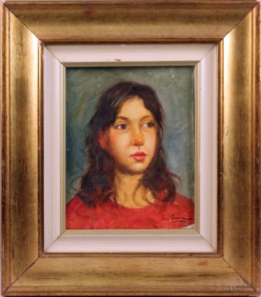 Ritratto di ragazza, olio su cartone telato, cm. 30x24, firmato, entro cornice.