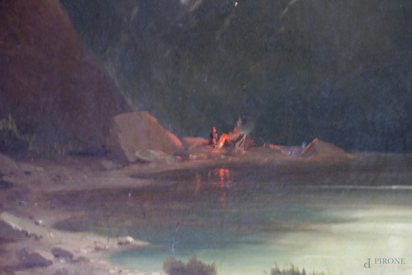 Veduta lacustre al chiaro di luna, olio su tela, fine XIX secolo, firmato in basso a destra, cm 6...