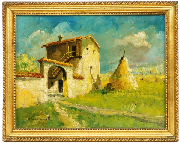 Casolare di campagna, olio su tavola, cm 23x30, firmato, entro cornice