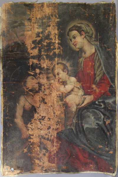 Madonna con bambino, olio su tela, XVIII sec., cm 150 x 105, difetti.