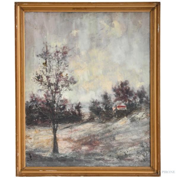 Scorcio di paesaggio, XX secolo, olio su tela, cm 71x58,5, entro cornice, (sollevamenti di colore, ondulazioni della tela)