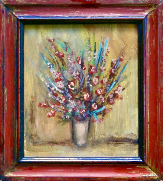 Vaso con fiori, olio tavola, cm 23x26, firmato, entro cornice