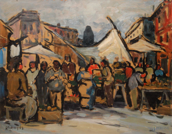 Achille Sdruscia, Piazza Campo di Fiori, olio su tela, cm 40x50, entro cornice.