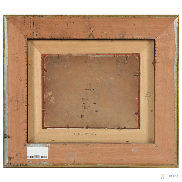 Paesaggio fluviale, XX secolo, olio su cartone, cm 19,5x25,5, siglato in basso a destra, entro co...