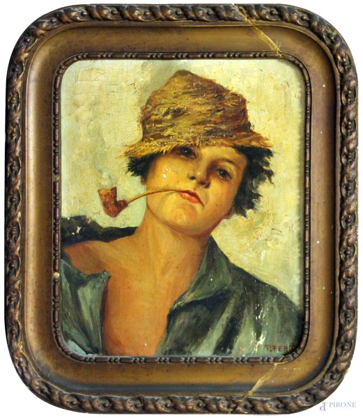 Fanciullo con pipa, dipinto ad olio su cartone telato, firmato T. Perrone, cm 36 x 30, entro cornice.