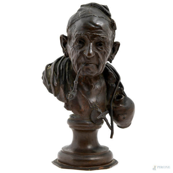Busto di vecchio pescatore, XIX-XX secolo, scultura in bronzo, altezza cm 25