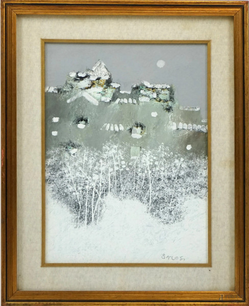 Manlio Bacosi - Nevicata, olio su tela,  cm 40x30, entro cornice.