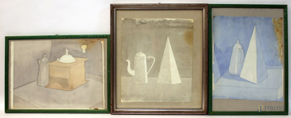 Lotto composto da tre nature morte, acquarelli su carta, misure massime 33x28 cm.