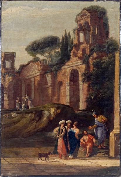 Pittore del XVIII secolo, Paesaggio con rovine architettoniche e figure, olio su tela, cm 48,5x33,5,