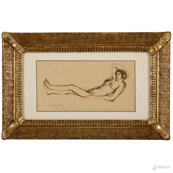 Nudo femminile, china su carta, firmato e datato "1937" in basso a sinistra, cm 22x432 compreso passepartout, entro cornice