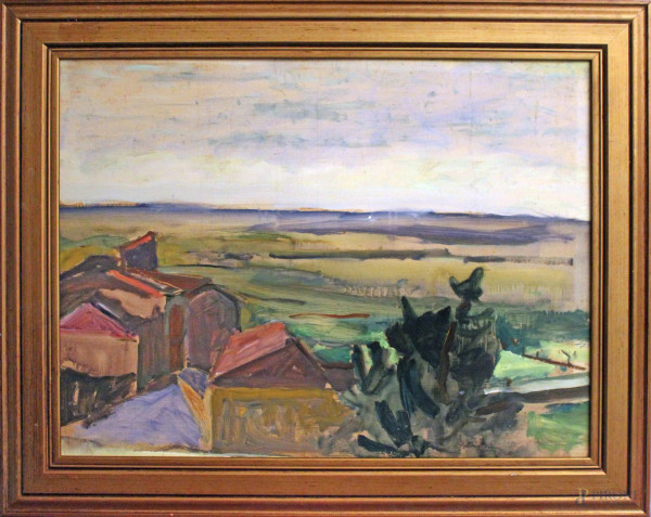 Antonio Asturi - Paesaggio con case, olio su tavola, cm 62 x 80, entro cornice.