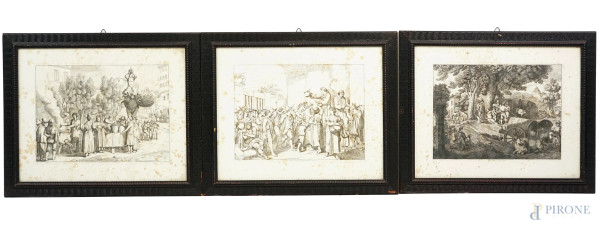 Tre stampe raffiguranti "I Frigitori a Piazza Barberina", "Veduta di Testaccio" e "La carità dei Frati", cm 43x52, inventore Bartolomeo Pinelli (1781-1835), entro cornici, (macchie)