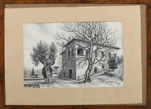 Casolare, XX secolo, carboncino su carta, cm 31,5x48,5, firmato e datato in basso a destra, entro cornice, (lievi segni di usura)