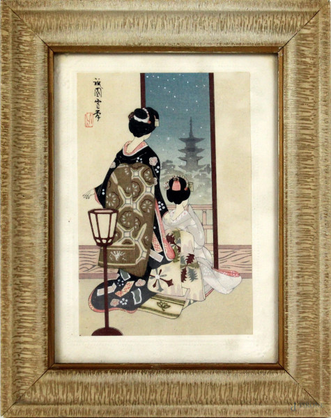 Interno con figure femminili, tempera su carta, cm. 15x70, arte orientale, XX secolo, entro cornice.