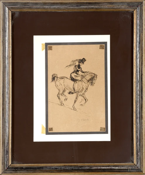 Donna a cavallo, china su carta, cm 20x12,5 entro cornice,  firmato De Albertis in basso a destra, (difetti)